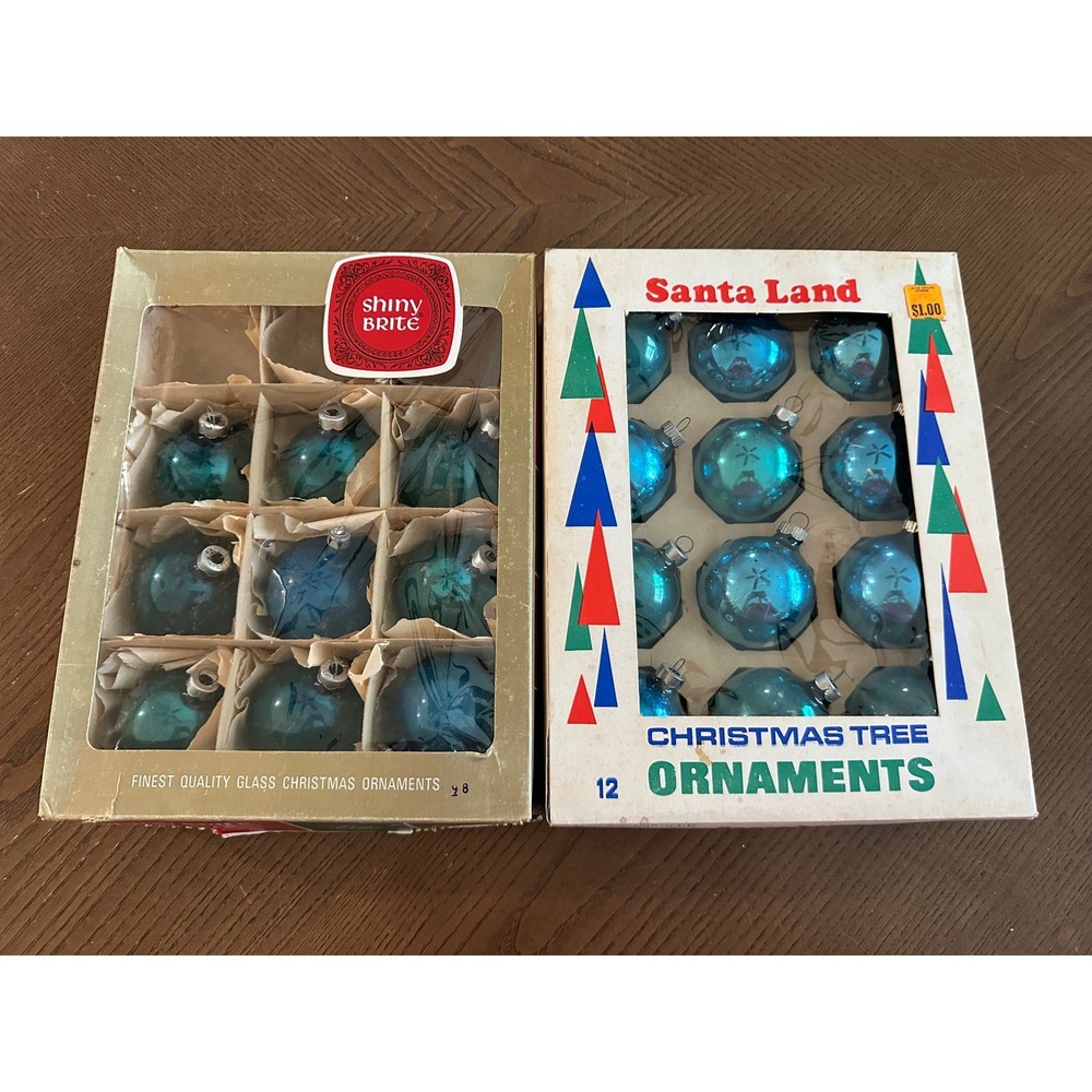 Vintage Shiny Brite Santa Land Glass Christmas Ornaments Teal Blue Set of 21